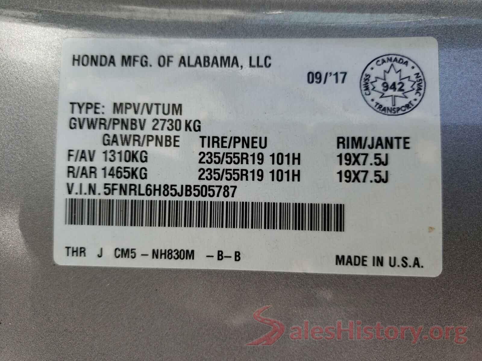 5FNRL6H85JB505787 2018 HONDA ODYSSEY