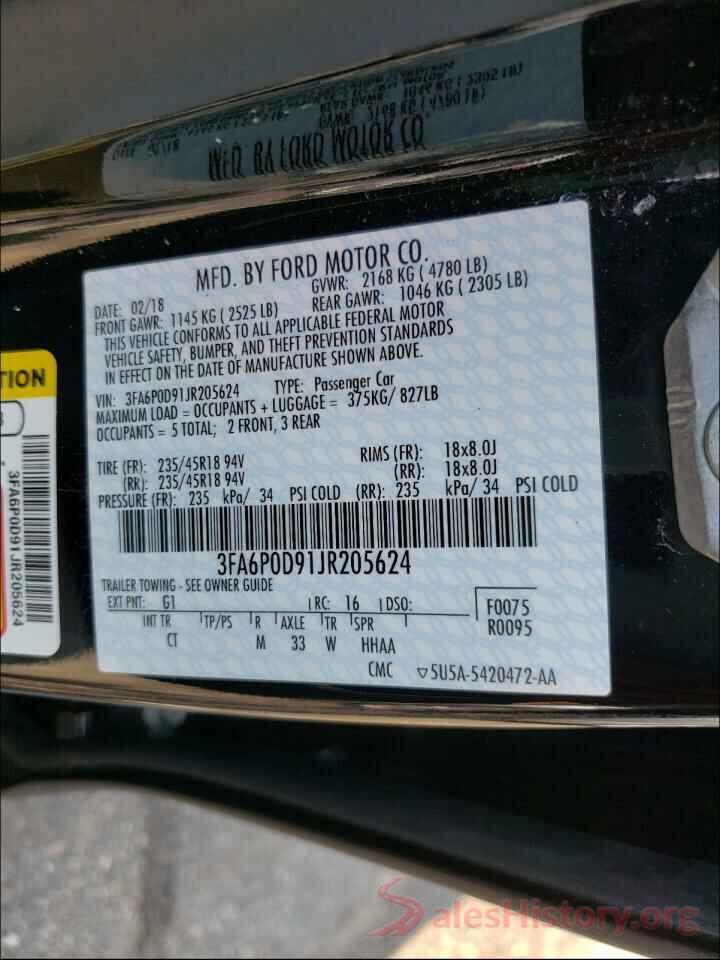 3FA6P0D91JR205624 2018 FORD FUSION