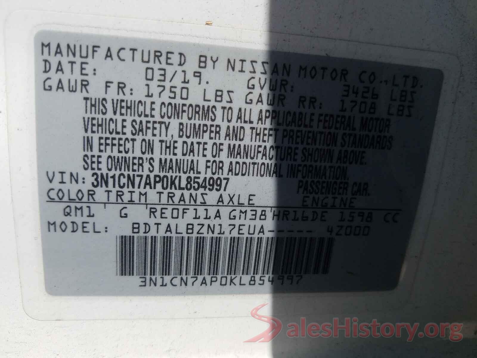 3N1CN7AP0KL854997 2019 NISSAN VERSA