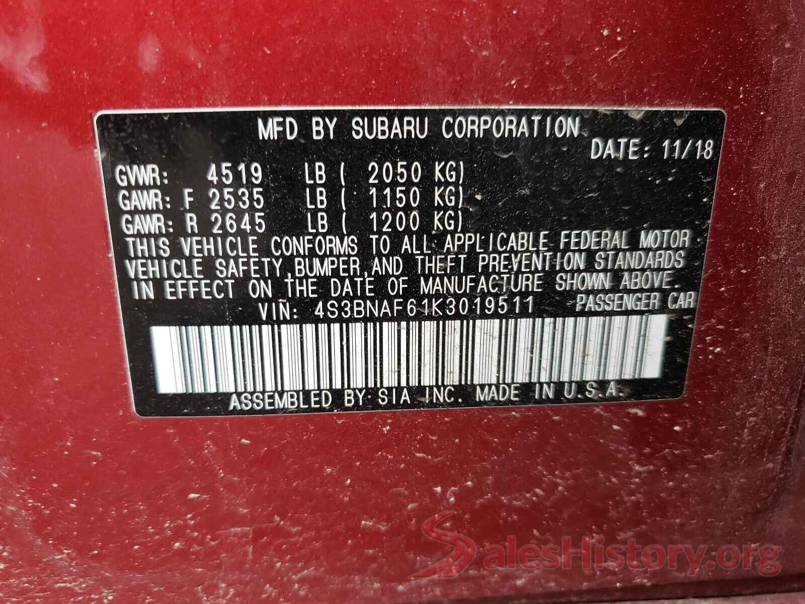 4S3BNAF61K3019511 2019 SUBARU LEGACY