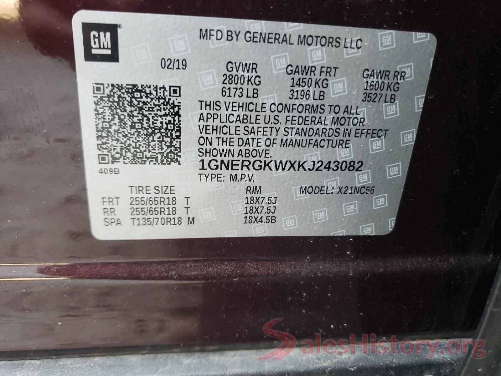 1GNERGKWXKJ243082 2019 CHEVROLET TRAVERSE