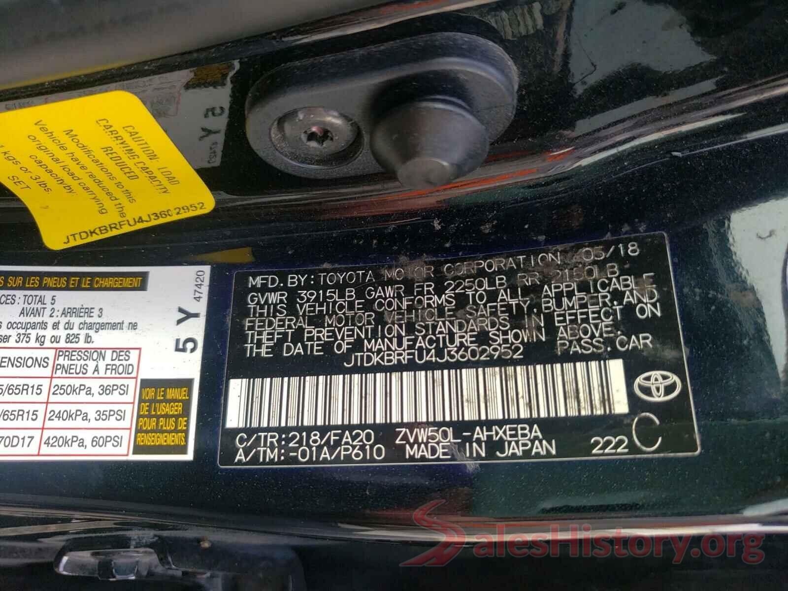 JTDKBRFU4J3602952 2018 TOYOTA PRIUS