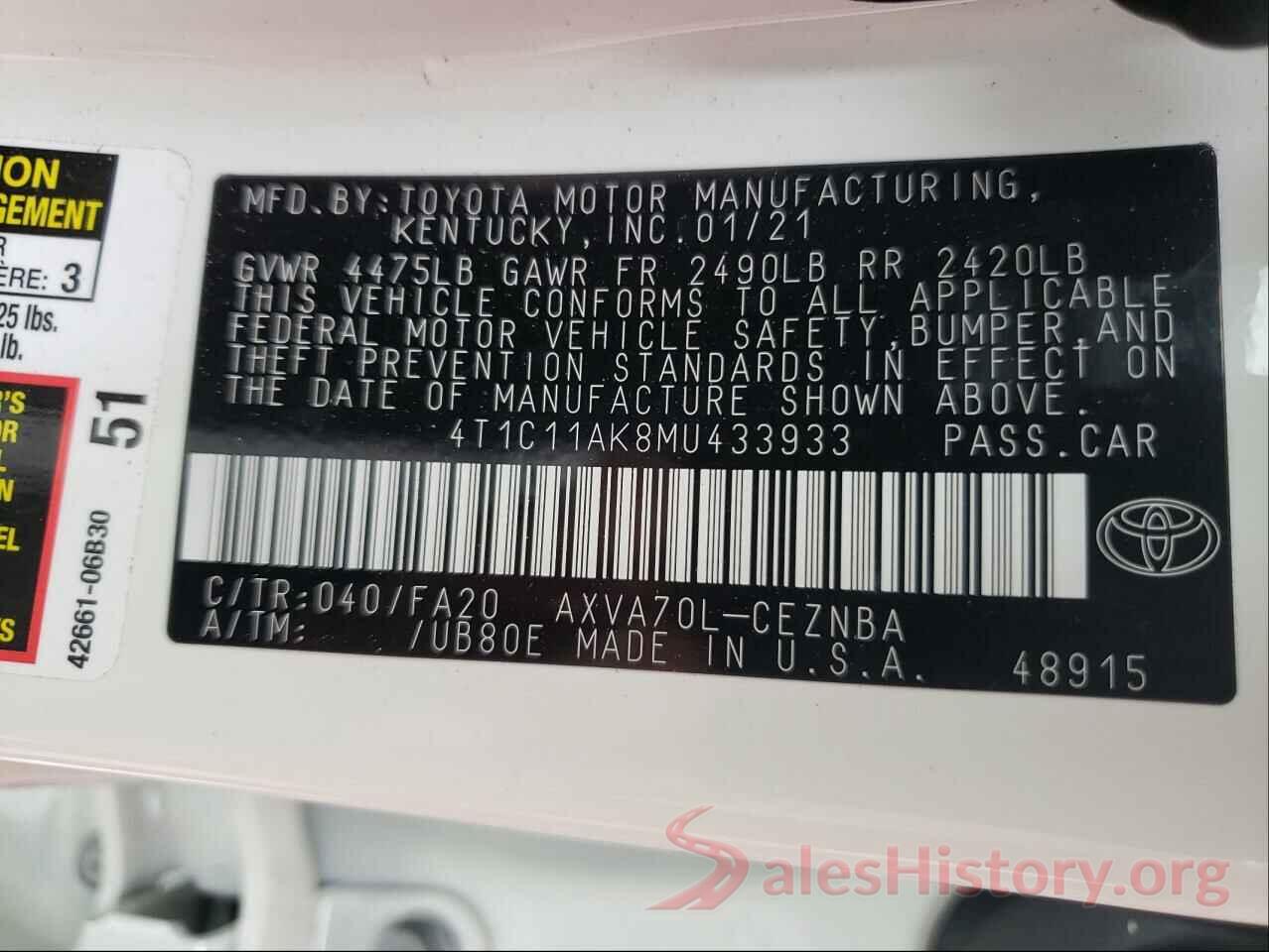 4T1C11AK8MU433933 2021 TOYOTA CAMRY