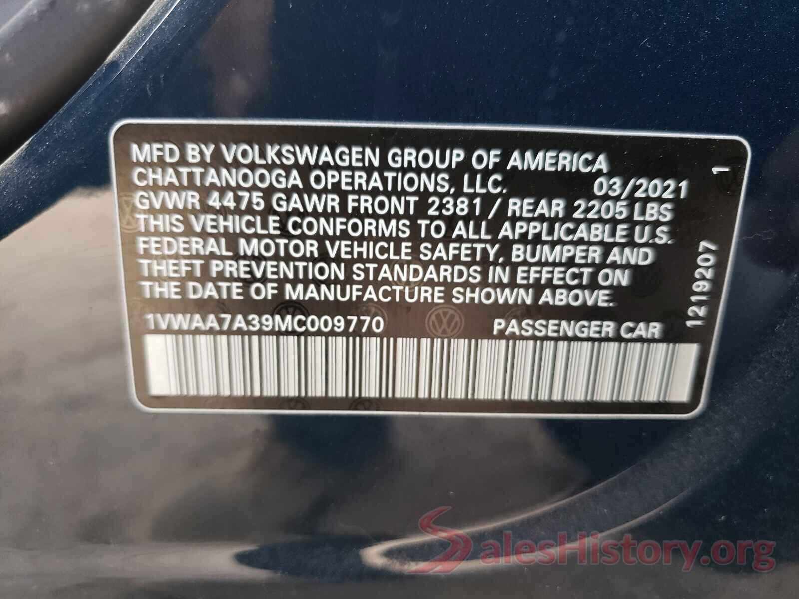 1VWAA7A39MC009770 2021 VOLKSWAGEN PASSAT