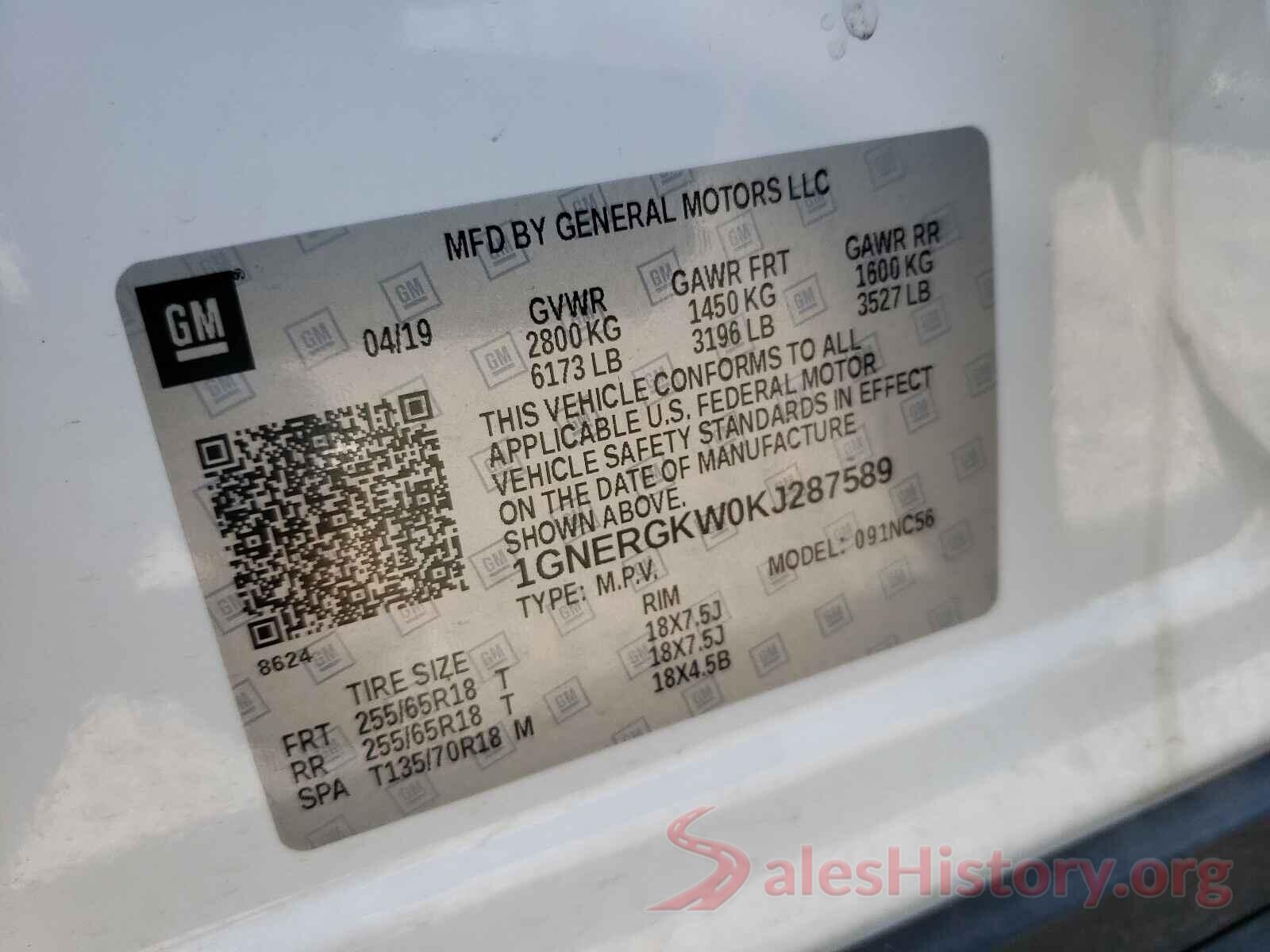 1GNERGKW0KJ287589 2019 CHEVROLET TRAVERSE