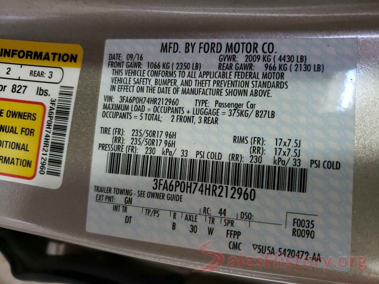 3FA6P0H74HR212960 2017 FORD FUSION