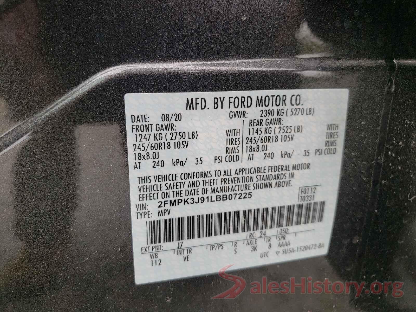 2FMPK3J91LBB07225 2020 FORD EDGE