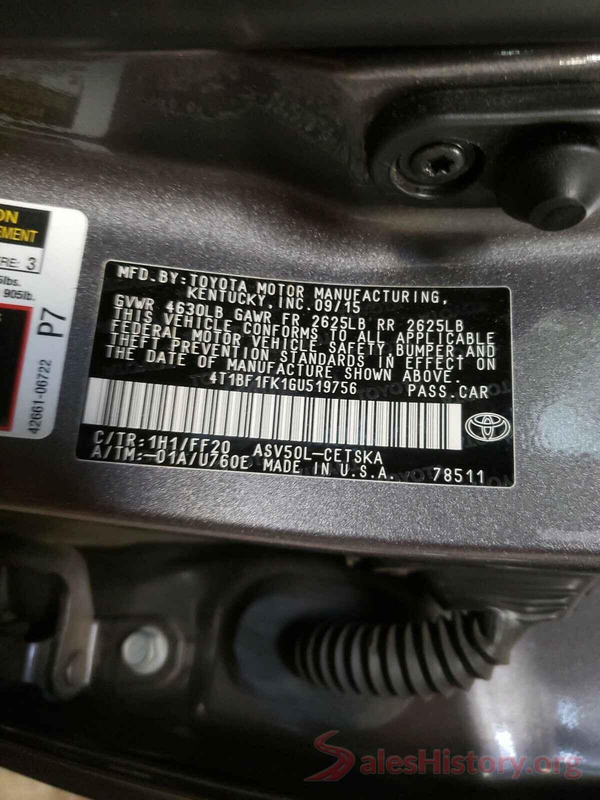 4T1BF1FK1GU519756 2016 TOYOTA CAMRY