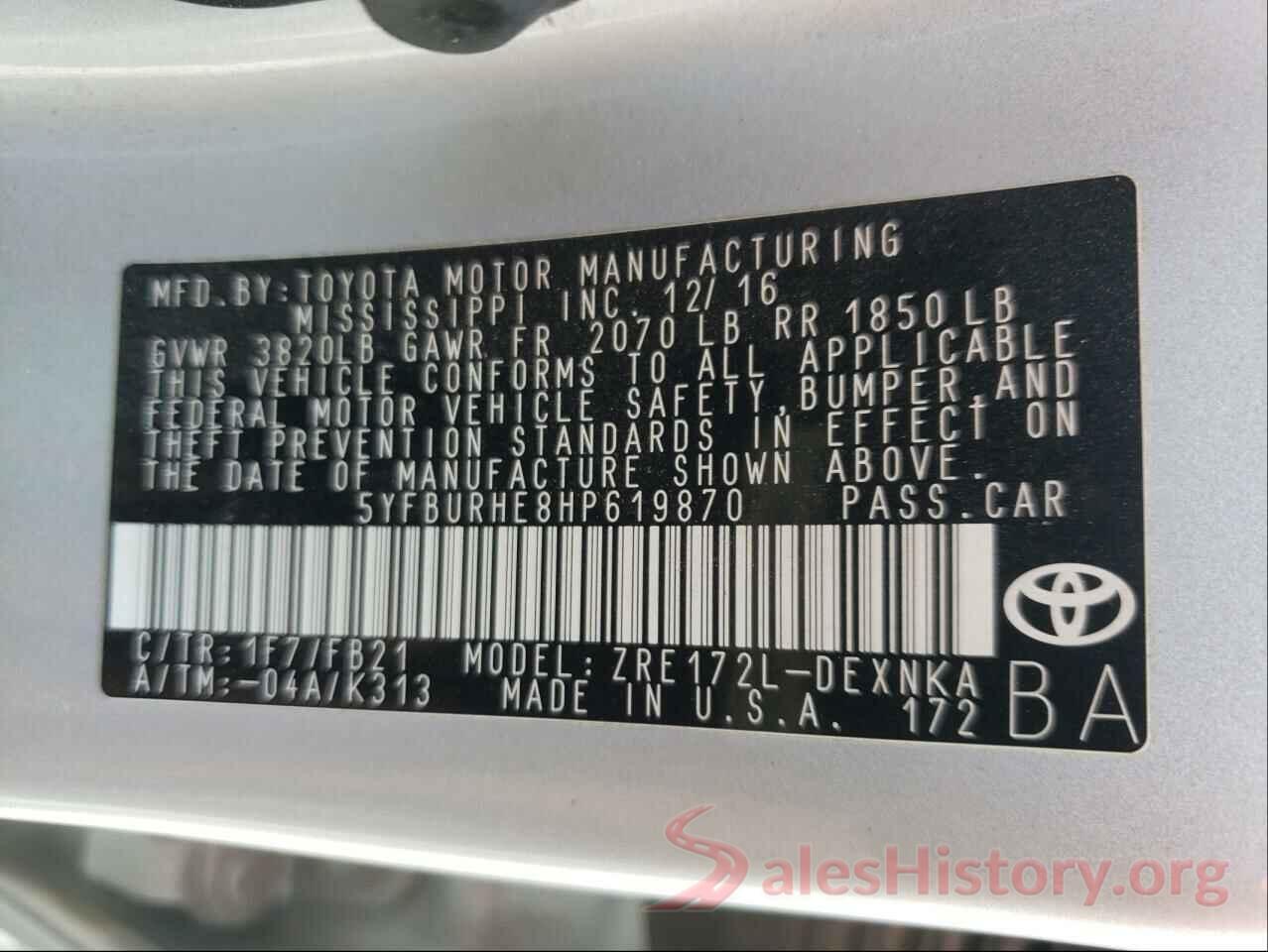 5YFBURHE8HP619870 2017 TOYOTA COROLLA