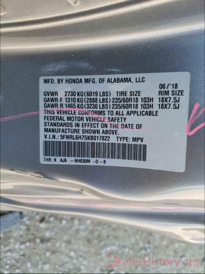 5FNRL6H75KB017822 2019 HONDA ODYSSEY