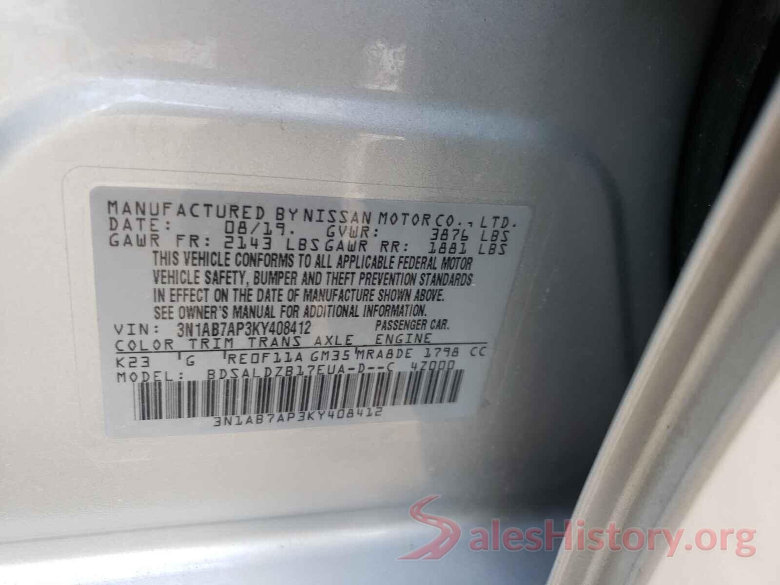 3N1AB7AP3KY408412 2019 NISSAN SENTRA