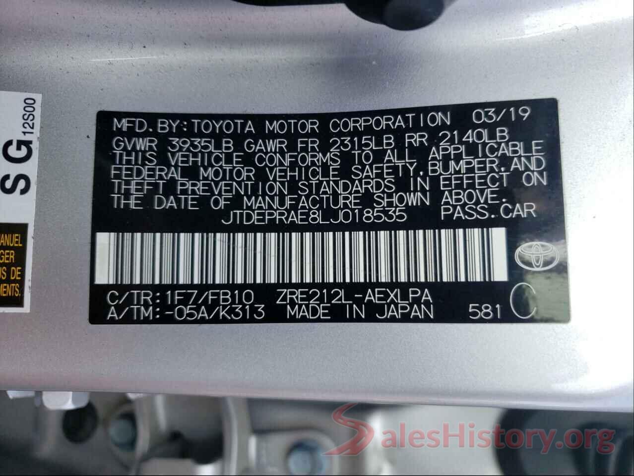 JTDEPRAE8LJ018535 2020 TOYOTA COROLLA