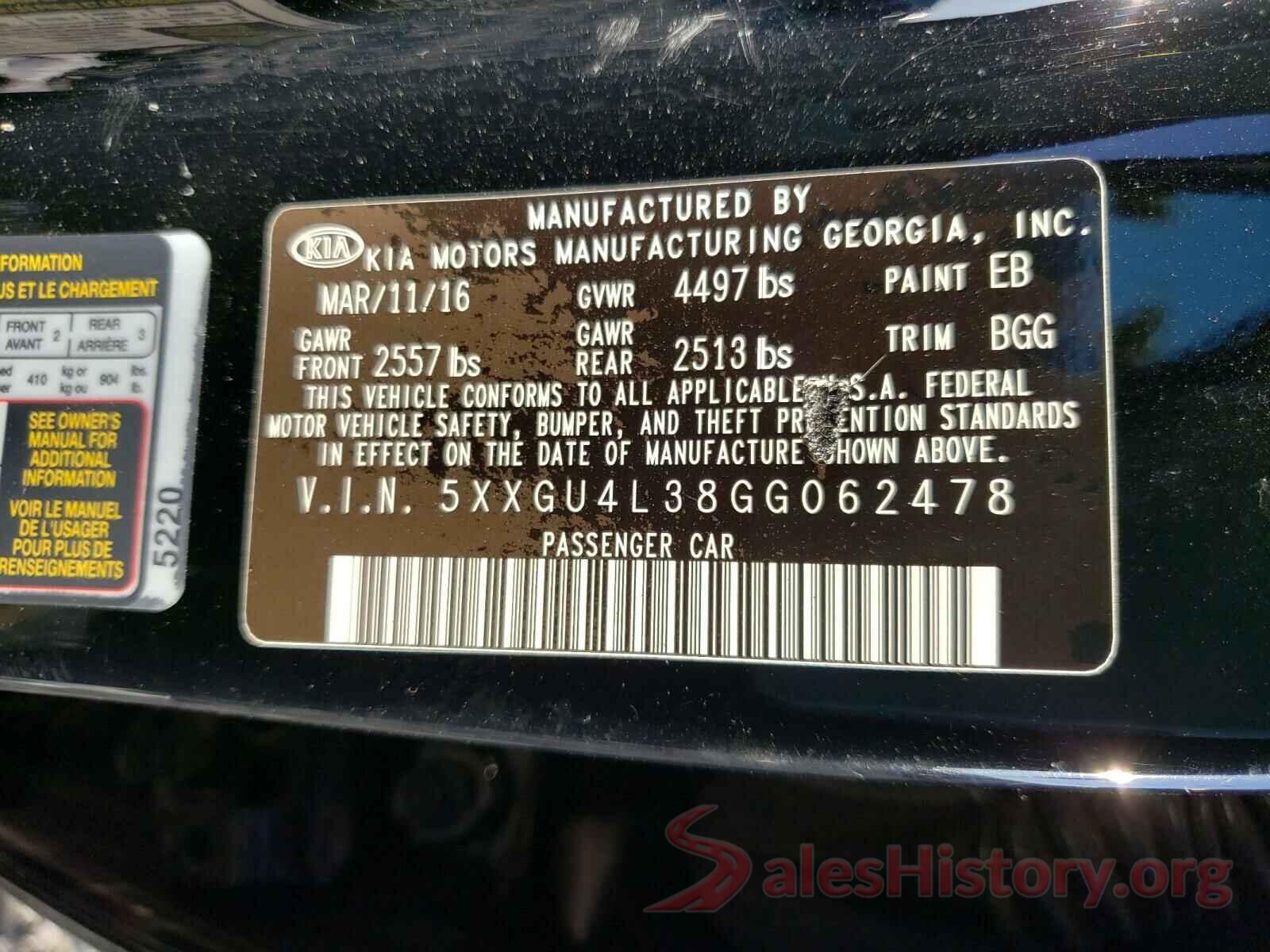 5XXGU4L38GG062478 2016 KIA OPTIMA