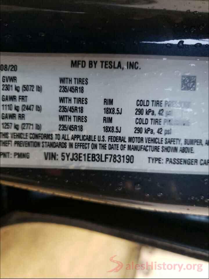 5YJ3E1EB3LF783190 2020 TESLA MODEL 3