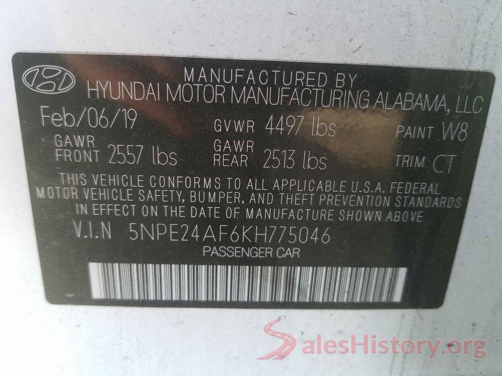 5NPE24AF6KH775046 2019 HYUNDAI SONATA