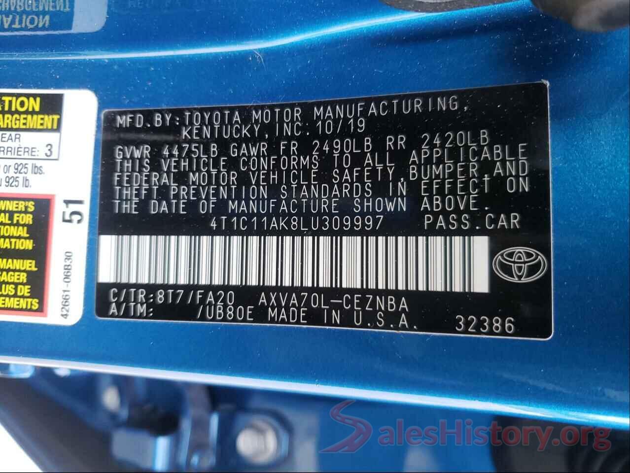 4T1C11AK8LU309997 2020 TOYOTA CAMRY