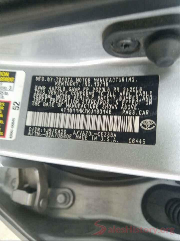 4T1B11HK7KU183146 2019 TOYOTA CAMRY