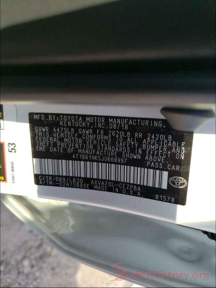 4T1B61HK5JU668997 2018 TOYOTA CAMRY