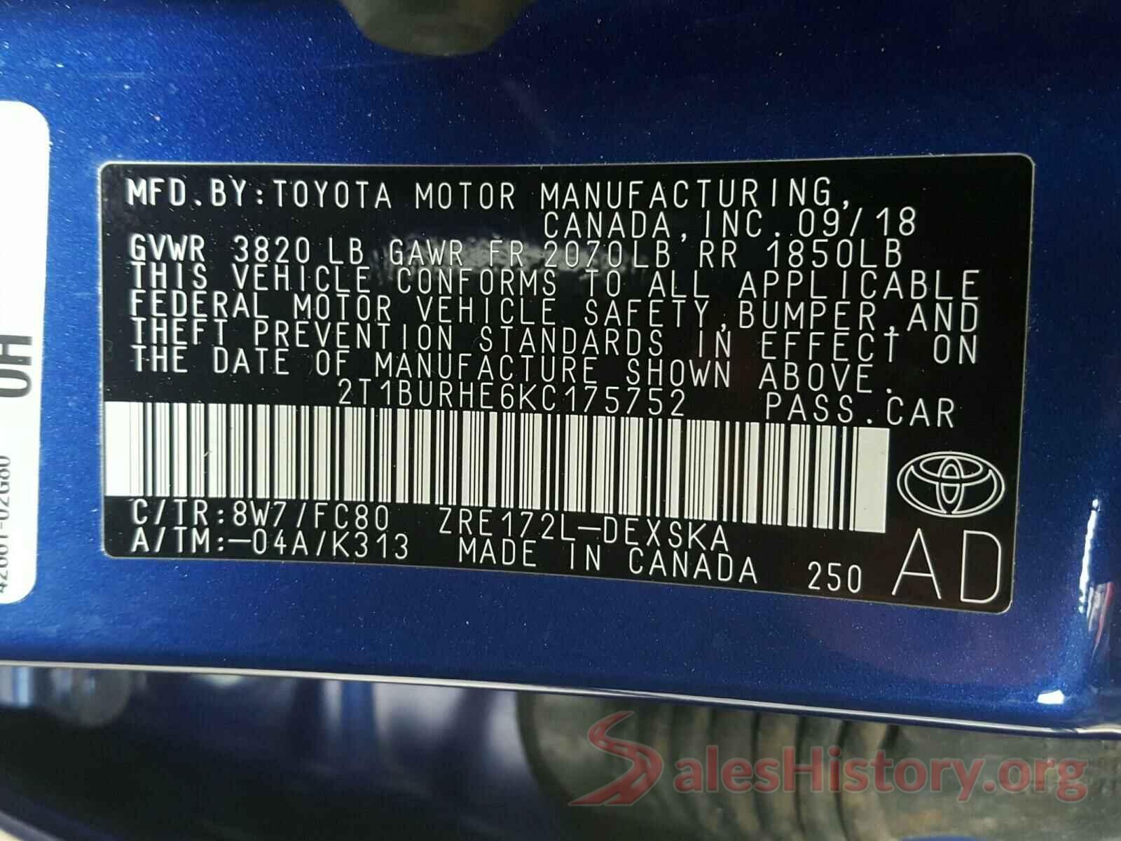 2T1BURHE6KC175752 2019 TOYOTA COROLLA