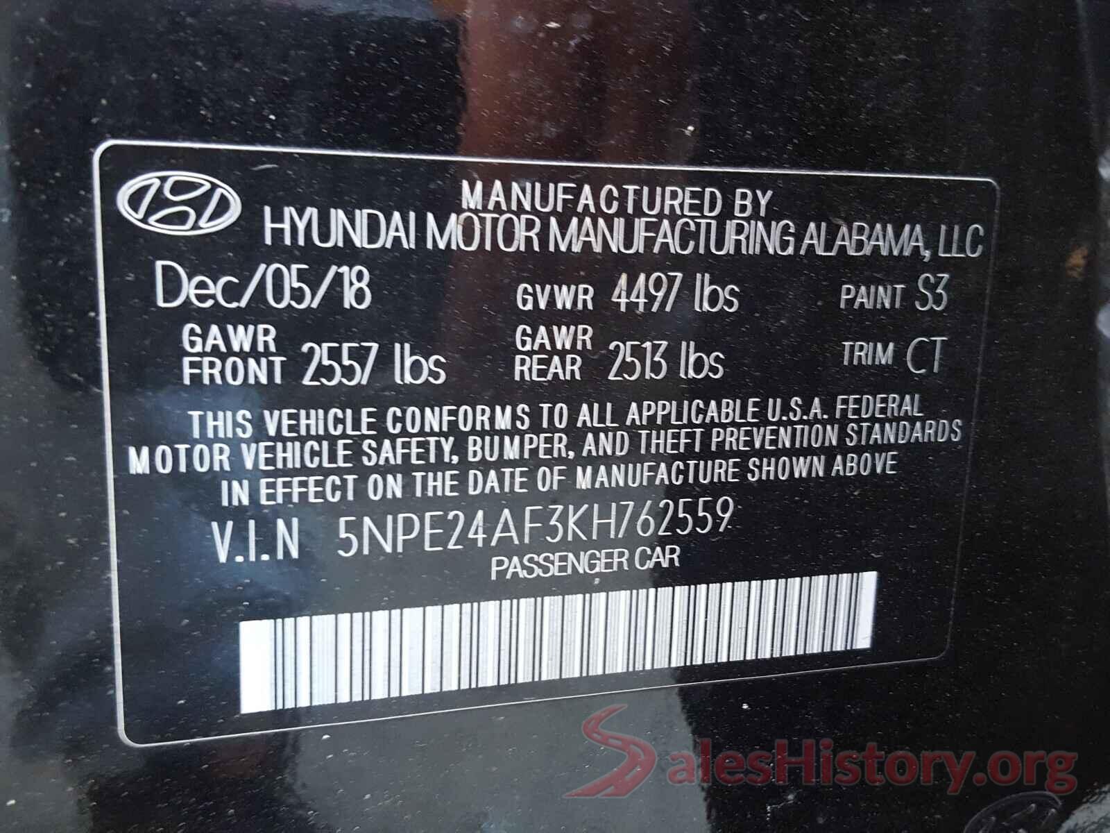 5NPE24AF3KH762559 2019 HYUNDAI SONATA