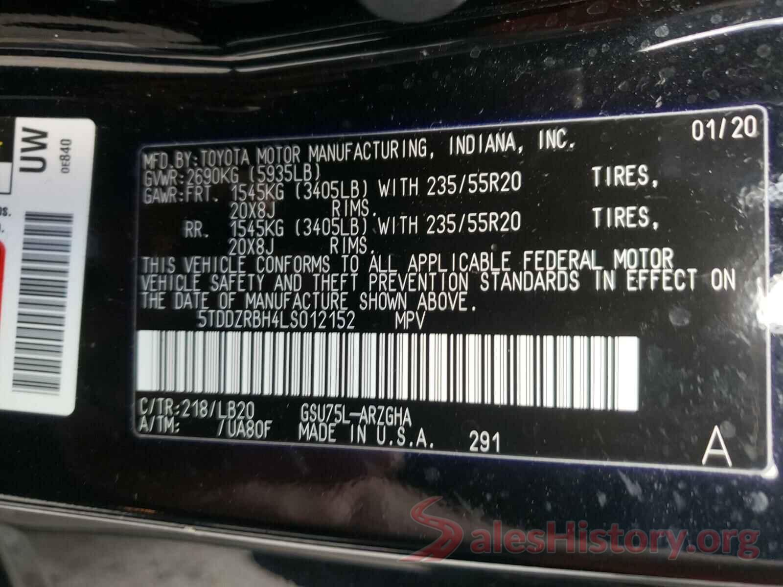 5TDDZRBH4LS012152 2020 TOYOTA HIGHLANDER