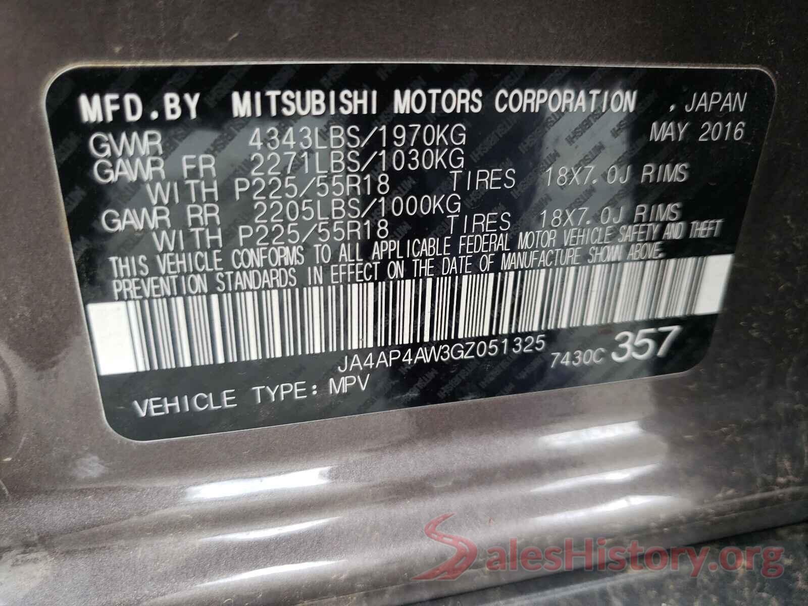 JA4AP4AW3GZ051325 2016 MITSUBISHI OUTLANDER