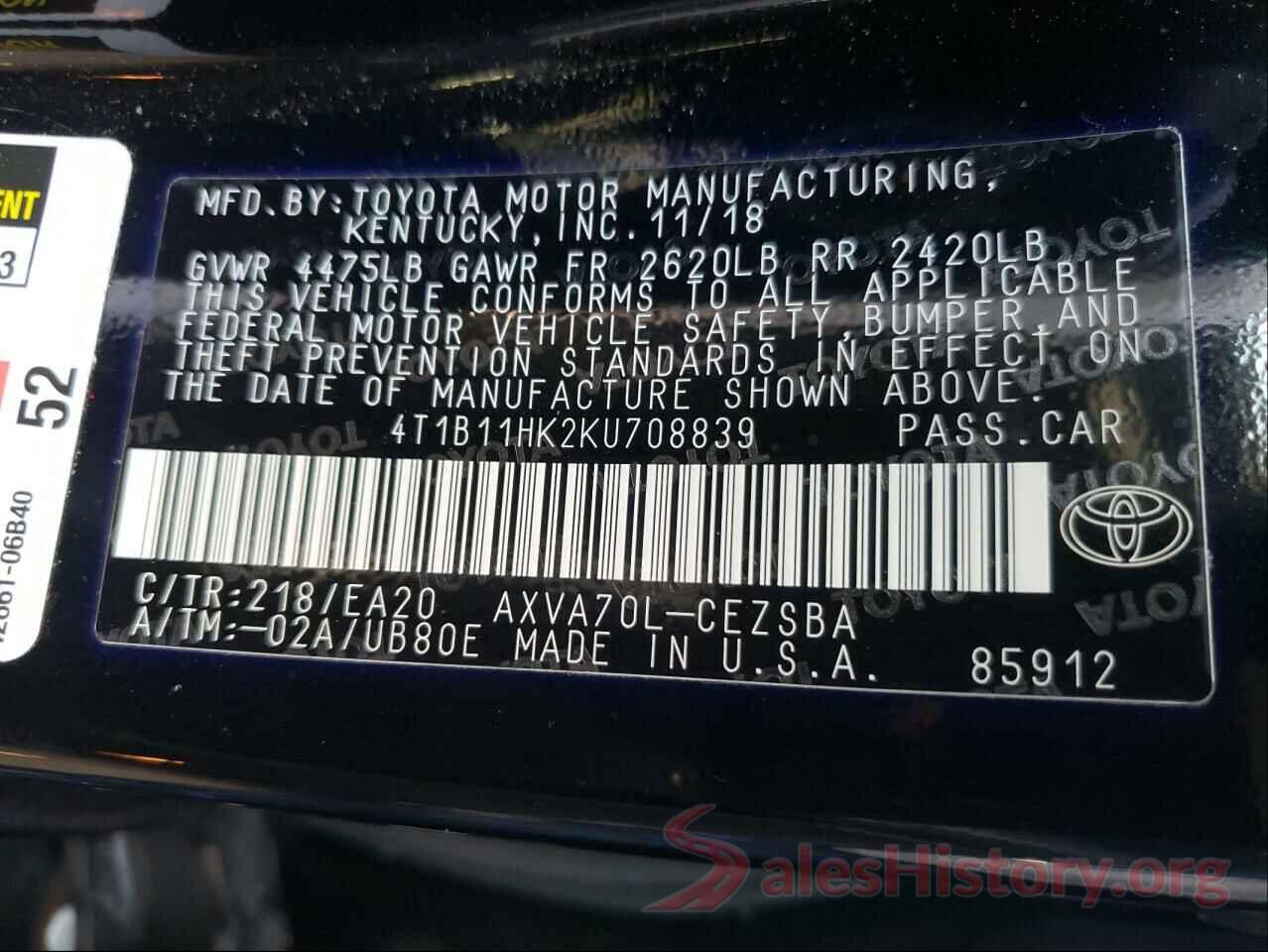 4T1B11HK2KU708839 2019 TOYOTA CAMRY