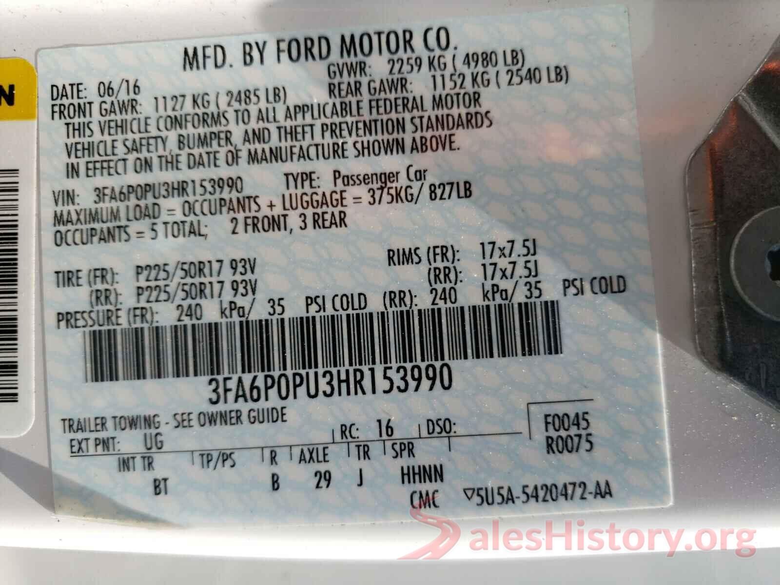 3FA6P0PU3HR153990 2017 FORD FUSION