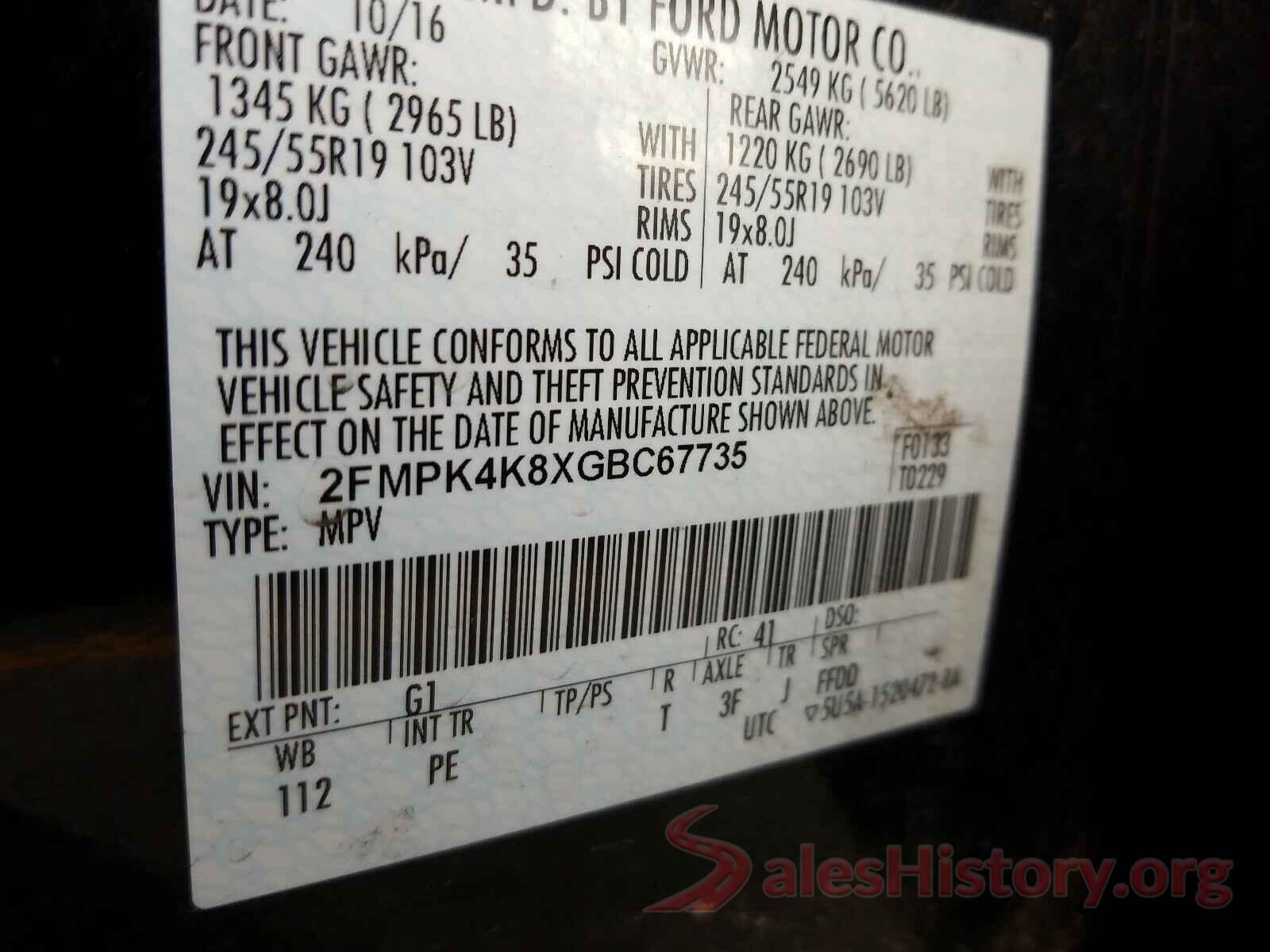 2FMPK4K8XGBC67735 2016 FORD EDGE