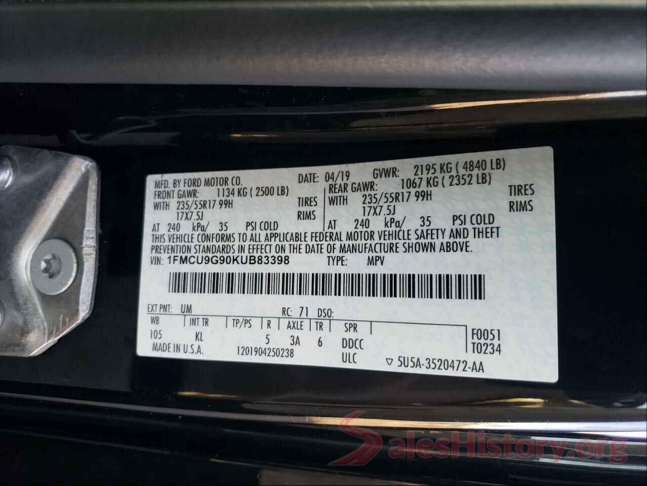 1FMCU9G90KUB83398 2019 FORD ESCAPE