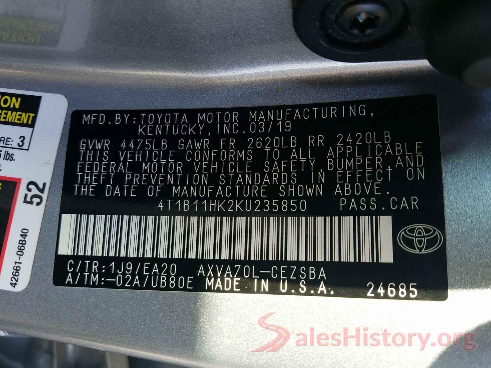 4T1B11HK2KU235850 2019 TOYOTA CAMRY