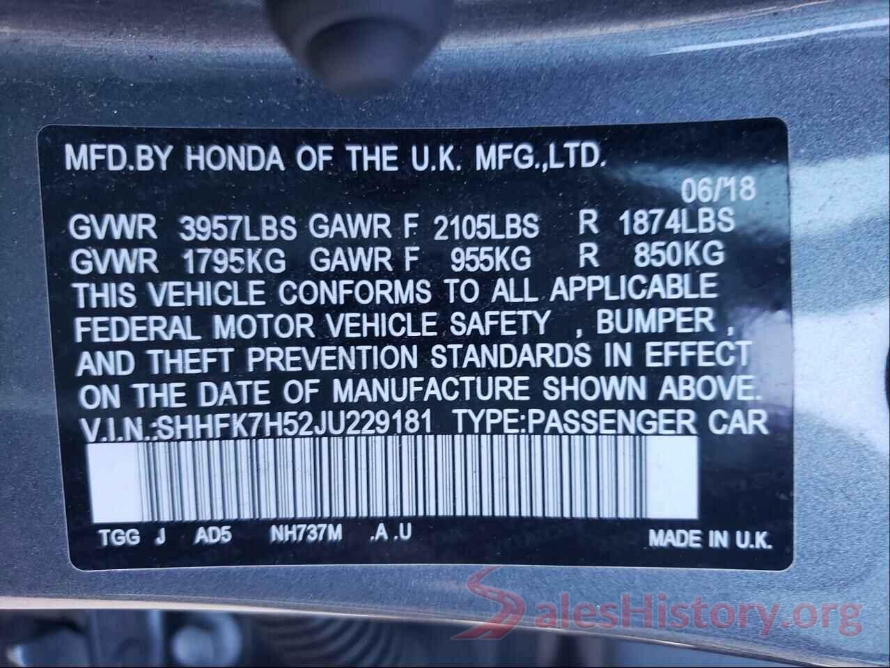 SHHFK7H52JU229181 2018 HONDA CIVIC