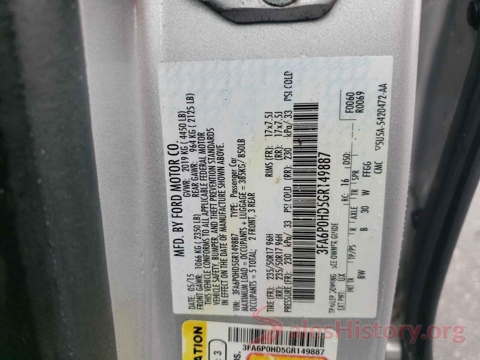 3FA6P0HD5GR149887 2016 FORD FUSION