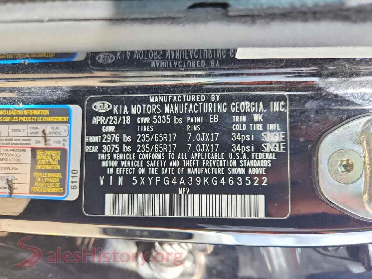 2019 KIA SORENTO VIN 5XYPG4A39KG463522, trunk area