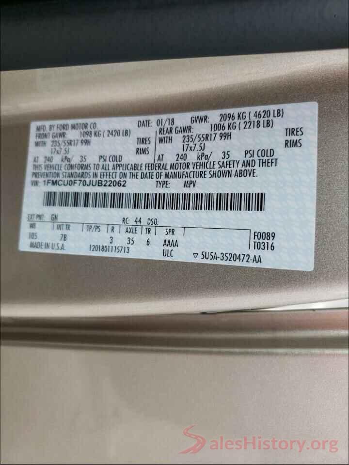 1FMCU0F70JUB22062 2018 FORD ESCAPE