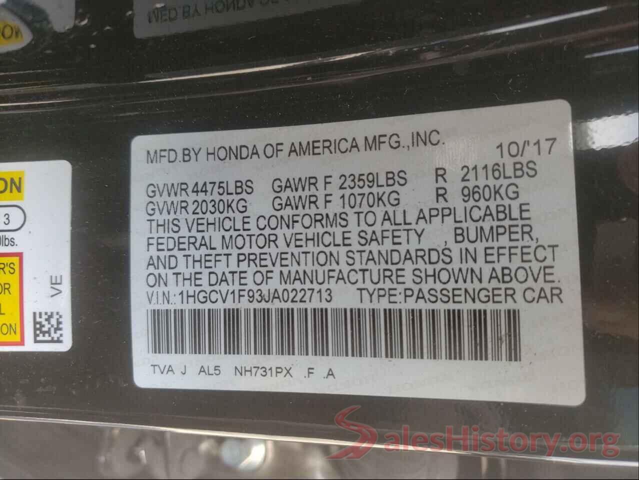 1HGCV1F93JA022713 2018 HONDA ACCORD