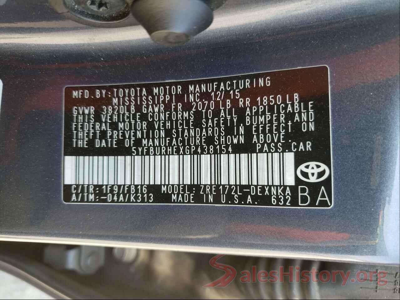 5YFBURHEXGP438154 2016 TOYOTA COROLLA