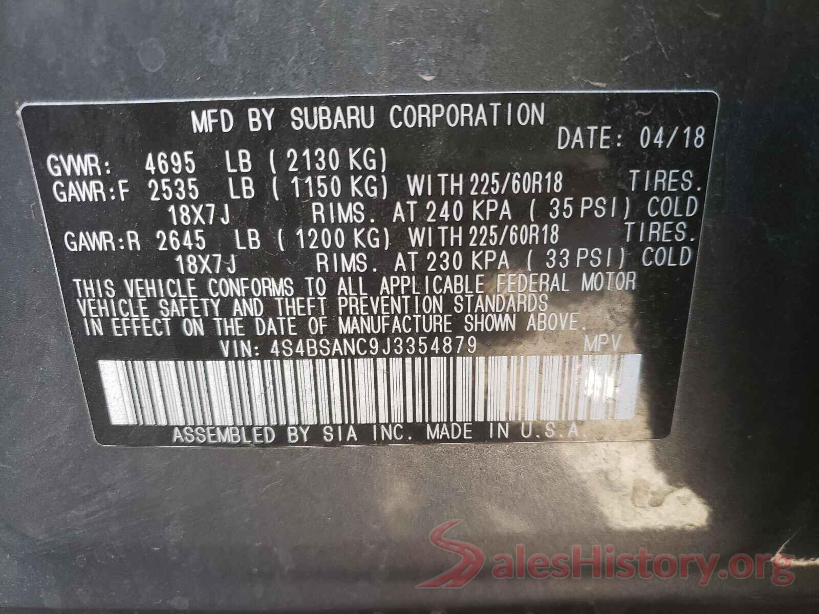 4S4BSANC9J3354879 2018 SUBARU OUTBACK