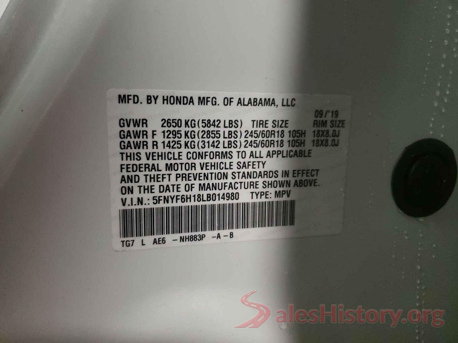 5FNYF6H18LB014980 2020 HONDA PILOT