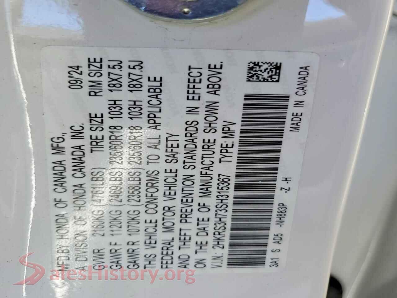2025 HONDA CRV VIN 2HKRS3H73SH315367, trunk area