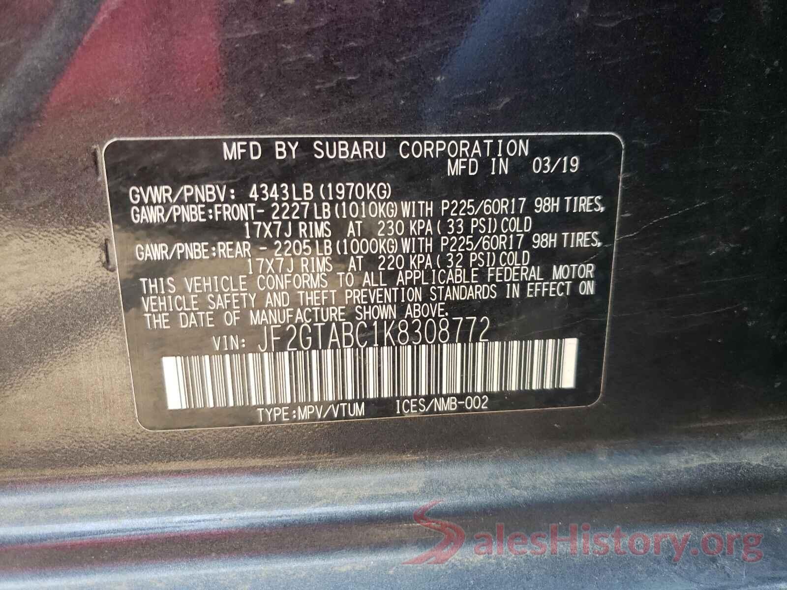 JF2GTABC1K8308772 2019 SUBARU CROSSTREK