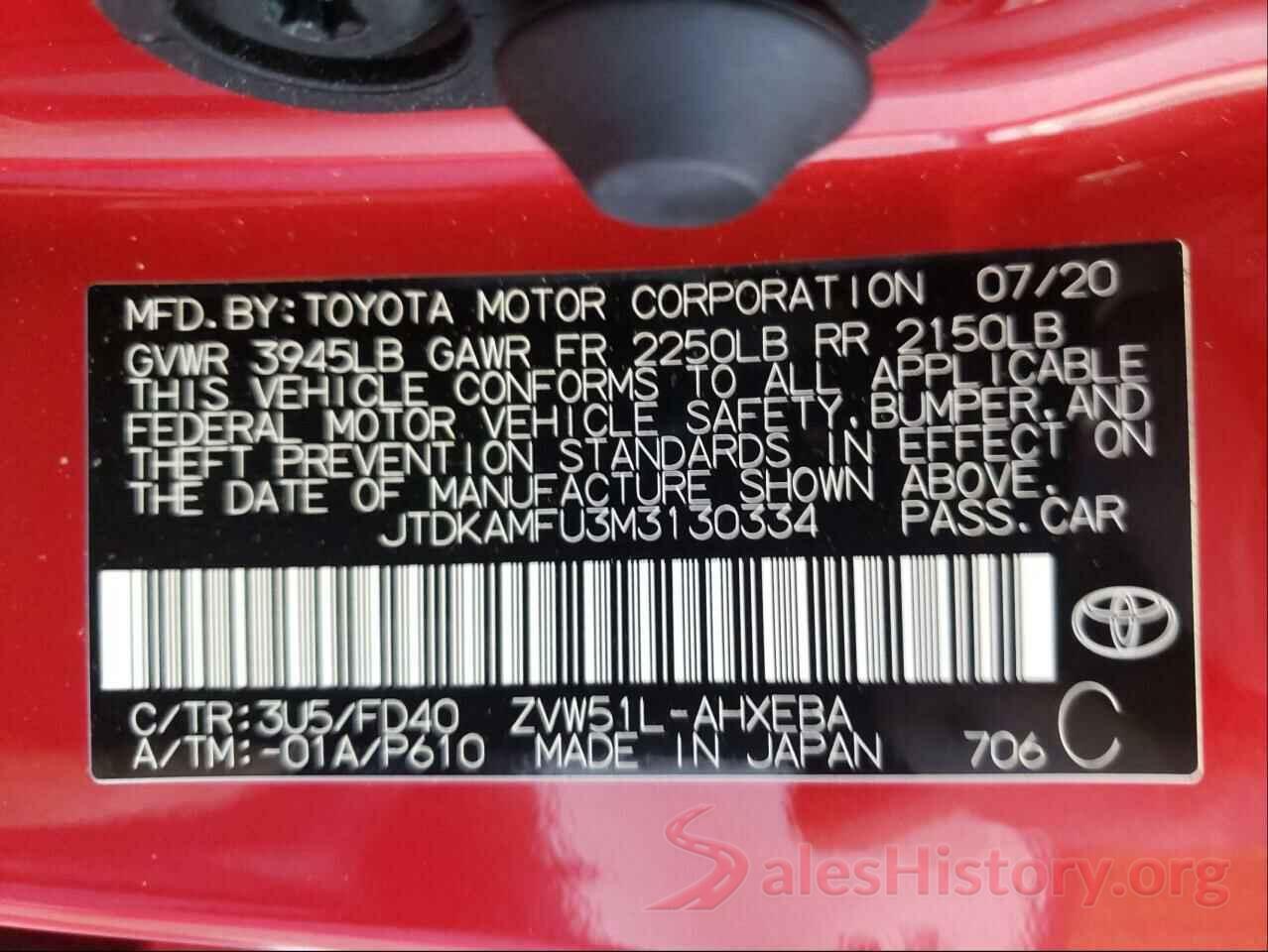 JTDKAMFU3M3130334 2021 TOYOTA PRIUS