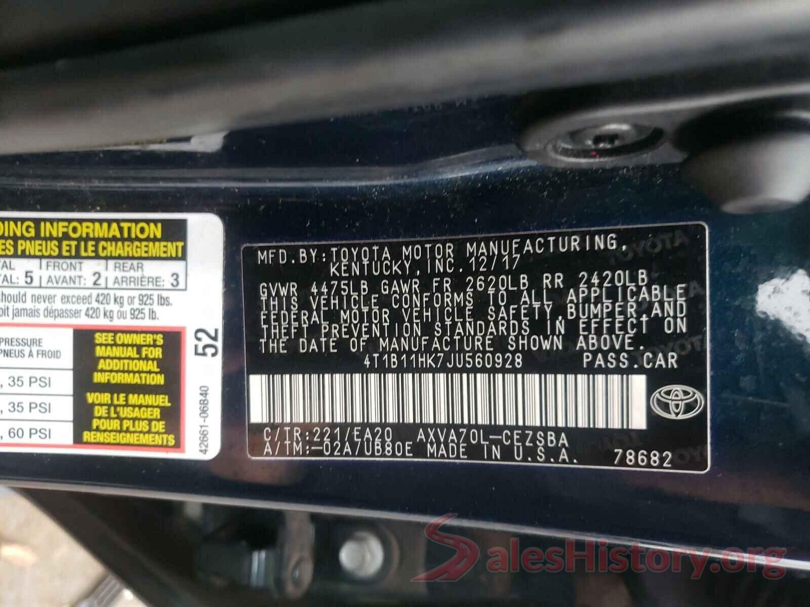 4T1B11HK7JU560928 2018 TOYOTA CAMRY