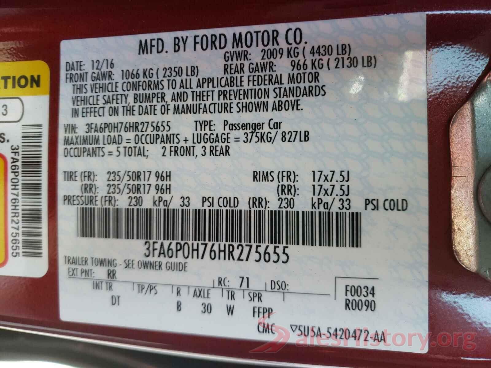 3FA6P0H76HR275655 2017 FORD FUSION