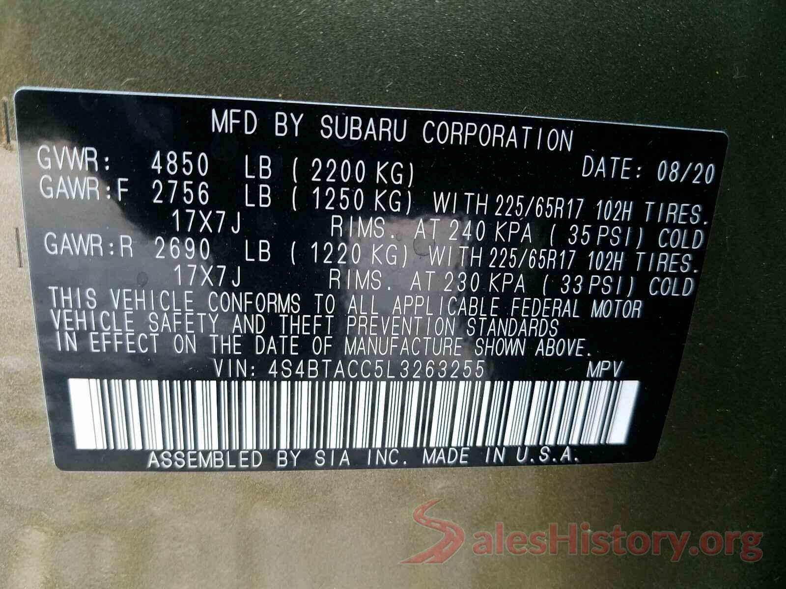 4S4BTACC5L3263255 2020 SUBARU OUTBACK