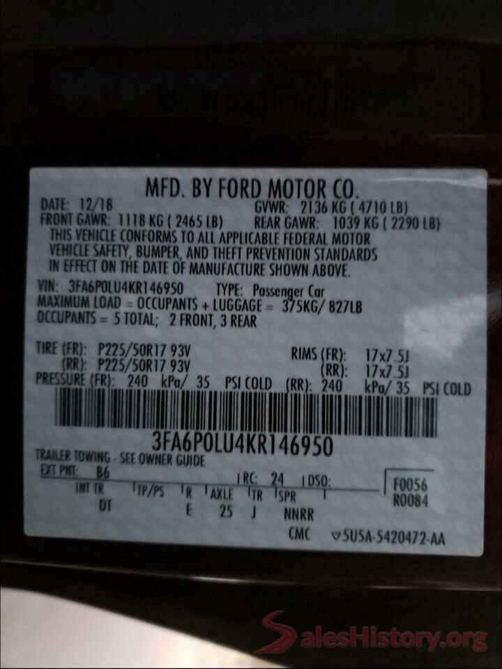 3FA6POLU4KR146950 2019 FORD FUSION