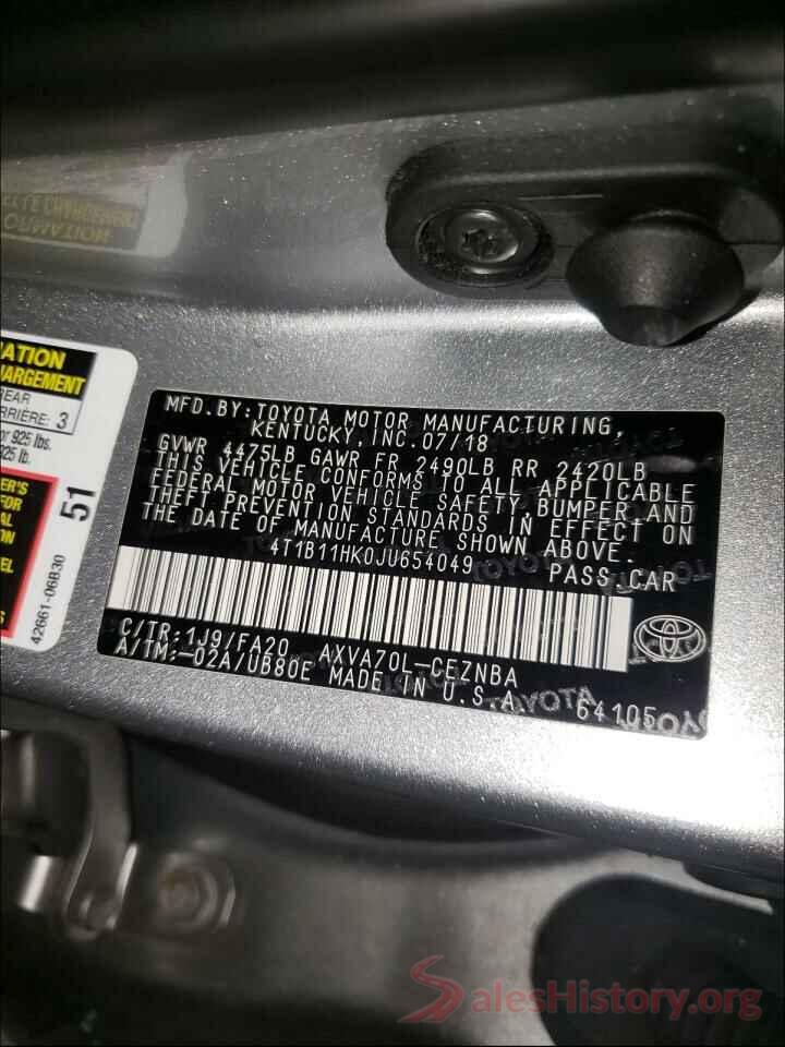 4T1B11HK0JU654049 2018 TOYOTA CAMRY