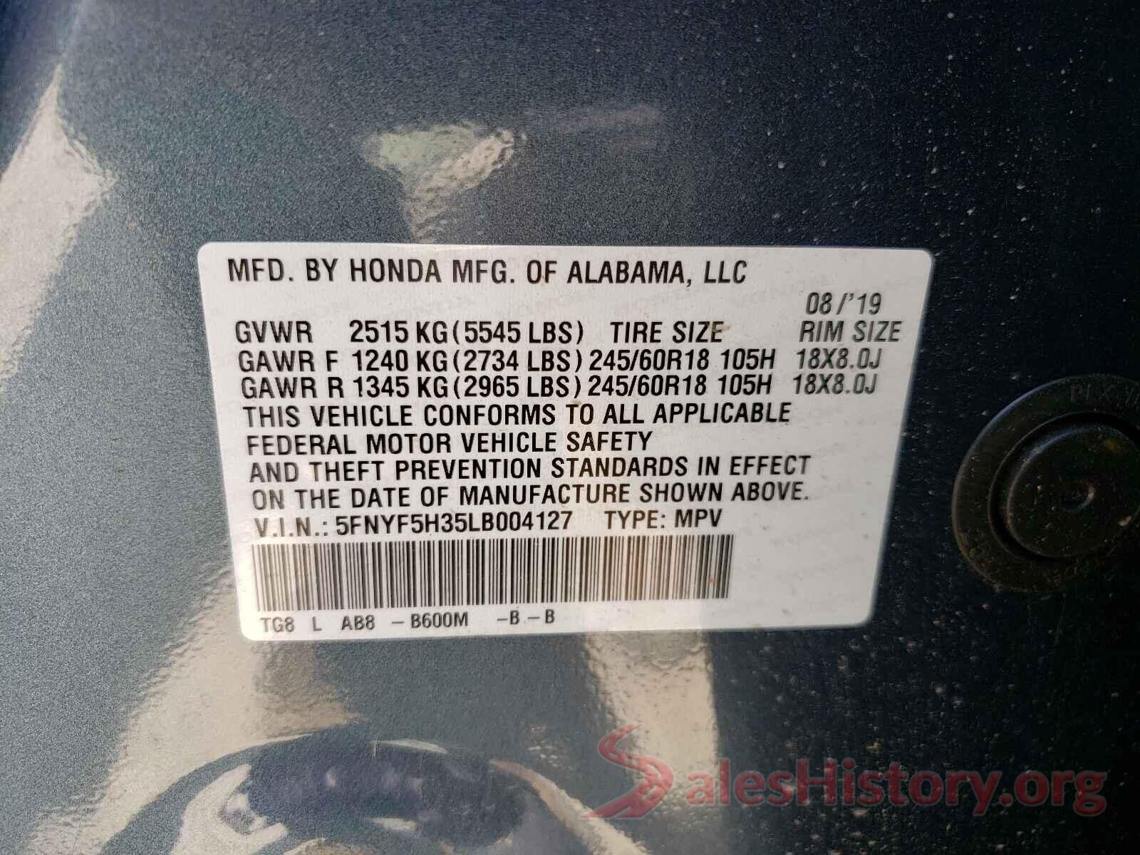 5FNYF5H35LB004127 2020 HONDA PILOT