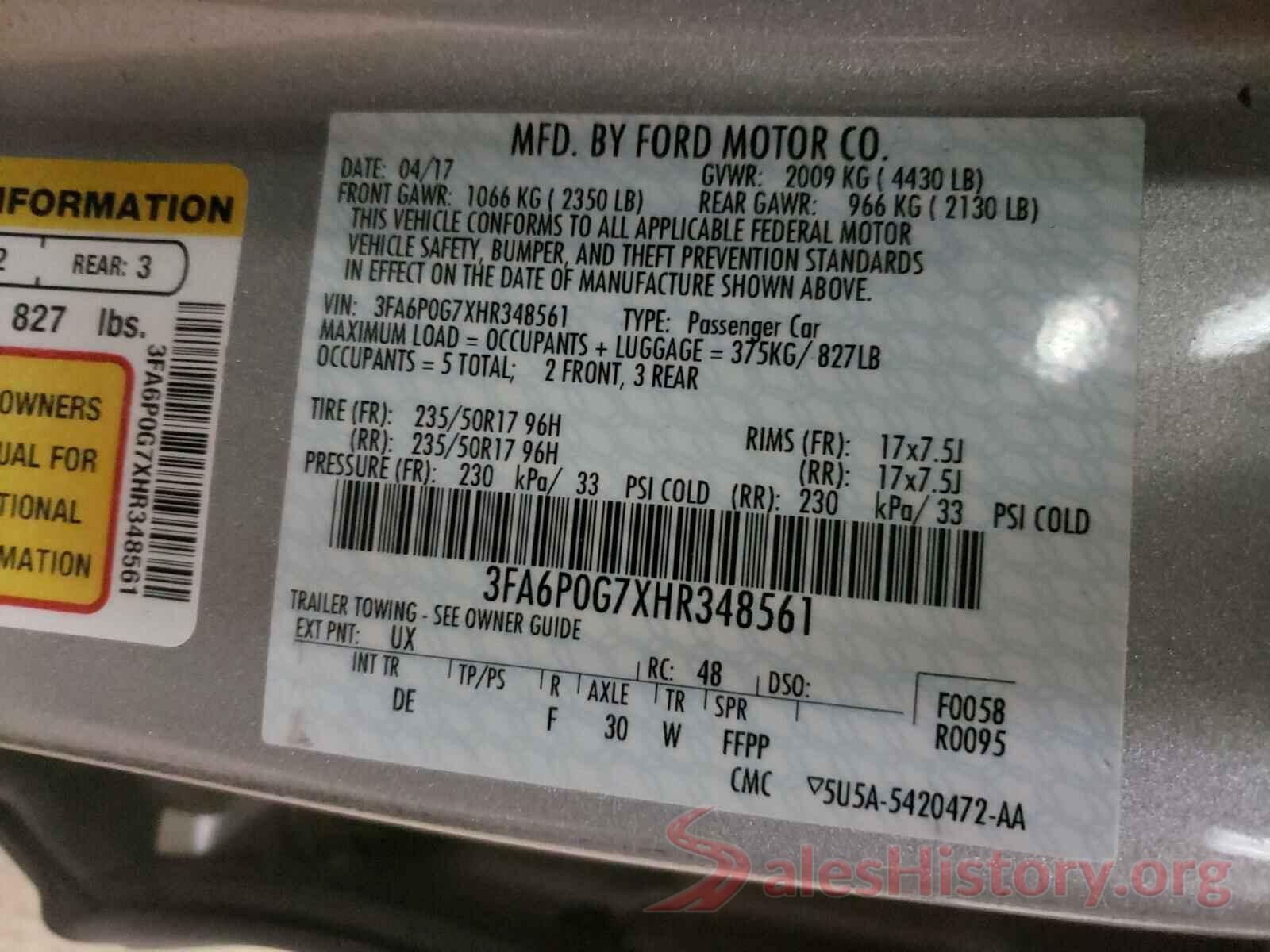 3FA6P0G7XHR348561 2017 FORD FUSION