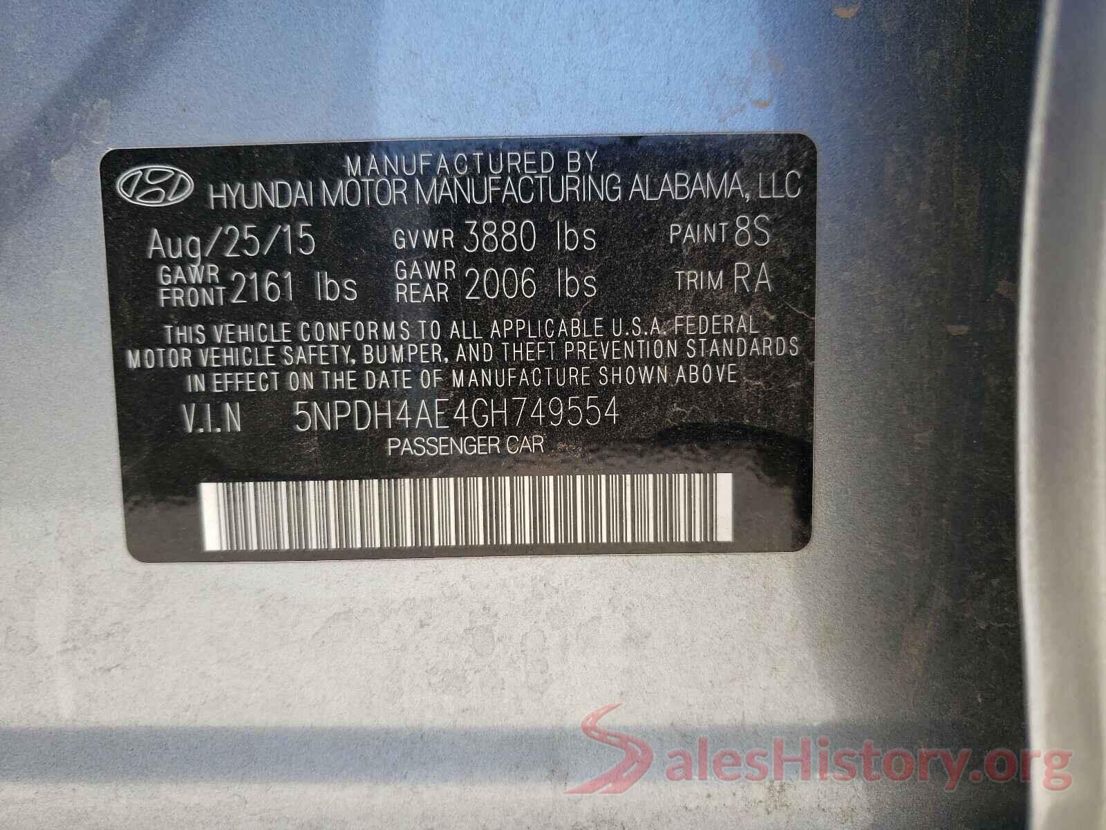 5NPDH4AE4GH749554 2016 HYUNDAI ELANTRA